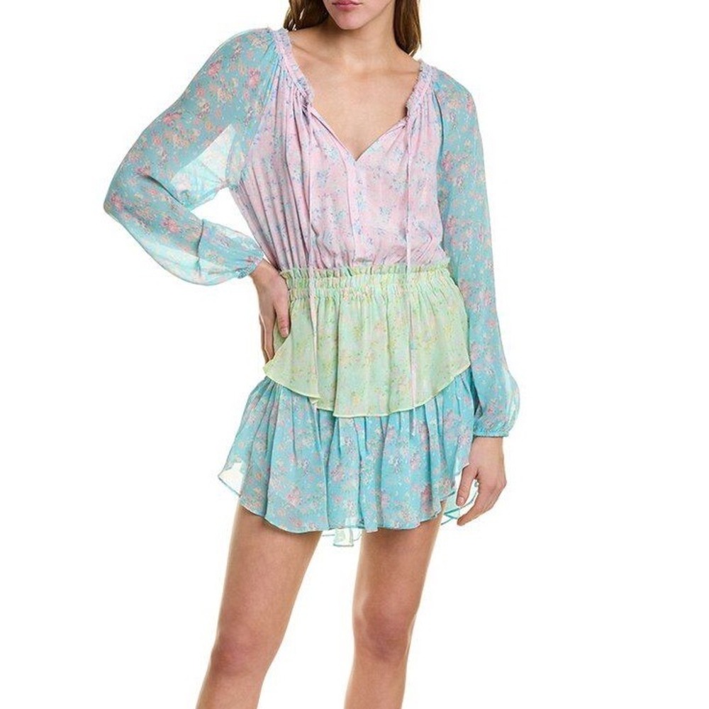 LoveShackFancy Popover Mini Dress Pastel Floral Colorblock‎ Smocked Silk Size S